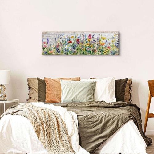Rustic Wildflower Wall Art Colorful Farmhouse Floral Scenery Picture Decor Watercolor Flower Landscape Wood Grain Prints Painting Artwork for Living Room Office Bathroom Bedroom Home Decoration 14x48