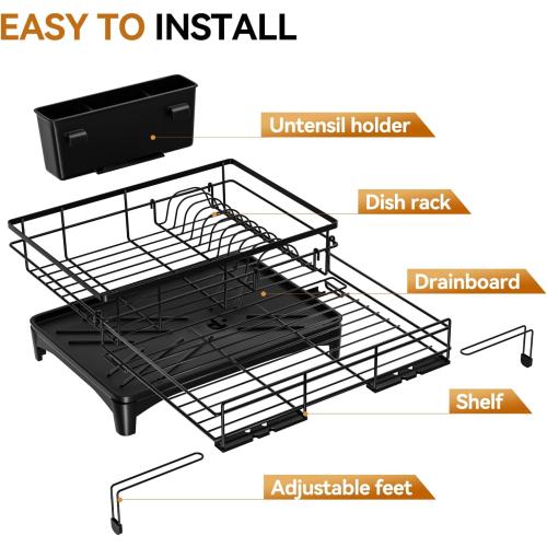 Dish Drying Rack - Expandable Rack, Large Capacity Dish Drainer for Kitchen Counter, Rust-Proof with Utensil Holder, Black