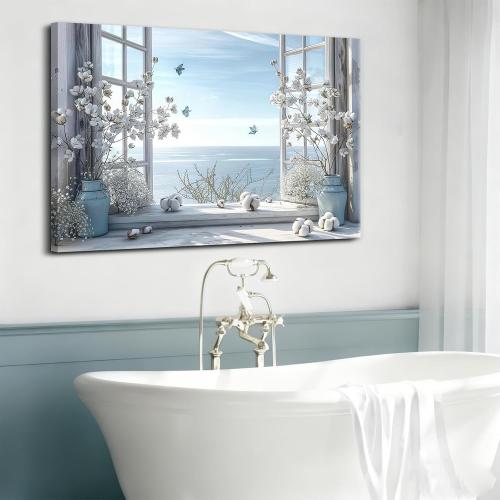 Birnsen Coastal Flower Bathroom Canvas Wall Art (Canvas, 36L x 24W)