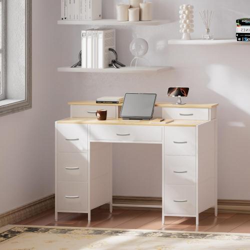 VASICAR Dresser for Bedroom with 9 Drawers & 2 Open Shelves, Fabric Storage Cabinet, Chest of Drawers, Long Dresser for Closet, Wooden Top & Metal Frame, Classic White