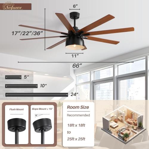 Size  66 Inch Ceiling Fans with Lights and Remote, Outdoor Ceiling Fan with Light 8 Blade 6-Speed 3-Timer Farmhouse Ceiling Fan with Light Reversible DC Motor for Living Room Kitchen Patio