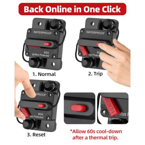 60A Marine Circuit Breaker 12V-48V Manual Reset for Trolling Motor