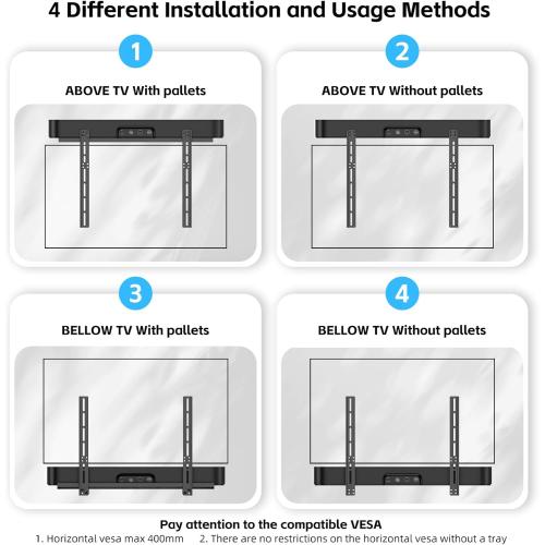 Soundbar Mount with Adjustable Height, Sound bar Mount up to 22 lbs, Soundbar Mount Under TV or Above TV, Soundbar tv Mount Bracket with Detachable Long Extension Plates,No-Slip Base Holder (BLACK)