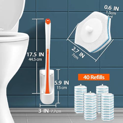 Color Orange JEHONN Disposable Toilet Bowl Cleaner Wand with 40 Cleaner Refills, Wall Mounted Long Handle Compact Bathroom Scrub Brush Holder Set for Sink Bathtub Wash Basin Mop Pool (Orange)