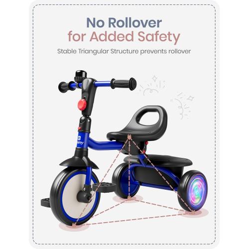 besrey Kids Tricycle with Flash Wheels for Ages 18 Months to 5 Years, Toddler Tricycle with Bell, Kids Tricycle, Gift for 2-5 Year Olds, Gift and Toy for Boys and Girls, Tricycle for Toddlers, Blue