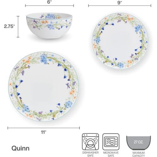 Mikasa Quinn Lightweight Bone China 12 Piece Dinnerware Plate Bowl Set, Service for 4