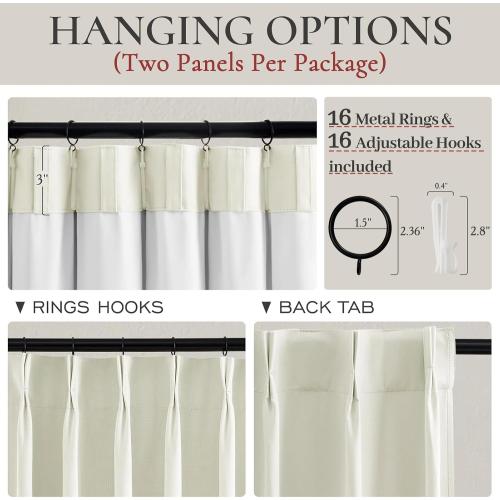 Cream White Blackout Drapes 96 Inches Long 2 Panels, Linen Room Darkening Fabric Thick for Bedroom Viral Pinch Pleated Window Curtains 96 Inches Long with Hooks Sound Deadening Insulated Thermal Cute