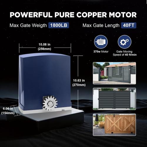 Automatic Sliding Gate Opener 1800lb with 370W Rack Drive Electric Gate Motor for Heavy Driveway Slide Gates with 2 Remote Controls, Infrared Sensor & Nylon Gear Rack