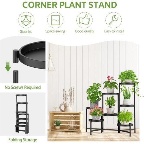 iDavosic.ly 7 Tier Large Plant Stand Indoor with 10 Inch Wide Tray, Tiered Corner Metal Outdoor Flower Display Holder Shelf, Folding Tall Rack for Patio Porch Living Room, Modern Black