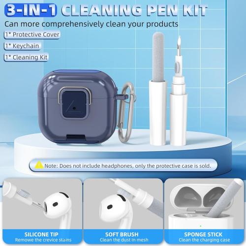 Secure Lock Case for AirPods 4 Case with Phone Stand, Soft TPU Shockproof Protective Cover for Airpods 4th Generation Clear Airpod 4 Case with Cleaning Pen & Keychain (Dark Blue)