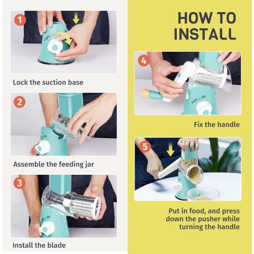 Blue X Home Rotary Cheese Grater for Kitchen, Shredder with 3 Interchangeable Blades, Rotary Grater with Handle and Strong Suction Base, for Vegetables, Fruit, Nuts, Easy to Use and Clean, Blue