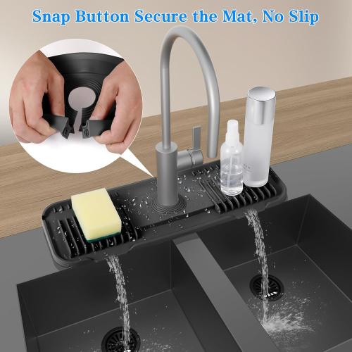 2nd Generation Silicone Faucet Mat, Kitchen Faucet Mat Silicone Faucet Drip Catcher with Cuttable Circular Central for Kitchen Sink, Tailor-Made for Faucets with Deck Plate【Black】
