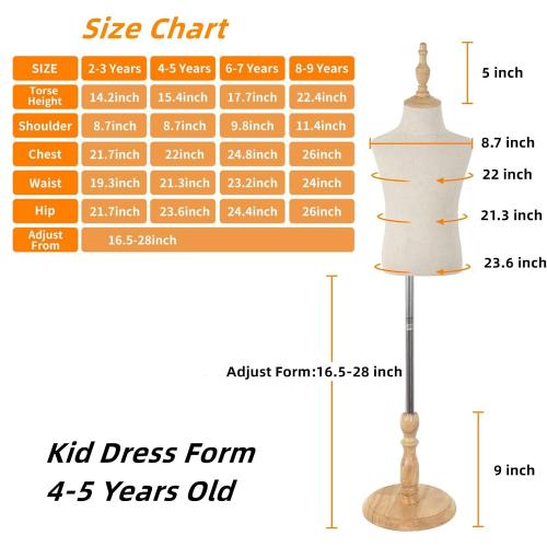 Child Mannequin,Kid Dress Form with Wooden Base,Adjustable Girl and Boy Body Bust Forms for Apparel Scarf Window Shop Display, 4-5 Years Old