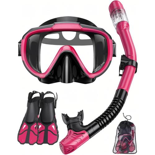 Color Pink Snorkel Set with Fins for Adults, Snorkeling Gear for Adults Men and Women, Snorkle, Mask Set Adults Dry Top Snorkel Mask Combo Set with Travel Bag for Snorkeling, Diving, Swimming
