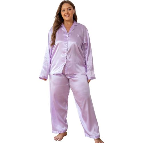 Vozanet Women's Plus Size Button Down Pajama Sets Satin Silky Long Sleeve Long Pants Sleepwear Loungewear Nighty XL to 5XL