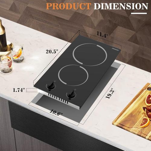 2 Burner Electric Cooktop - 12 Inch Plug in Portable 110V Electric Cook Top Two Burner, Built-in & Countertop Ceramic Stove Top with Knob Control, 9 Power Levels and Overheat Protection