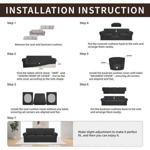Easy-Going 7 Pieces Stretch Sofa Couch Cover, Large, Dark Grey | Washable Sofa Cover Set for 3 Backrest and Seat Cushion Couch Anti-Slip Sofa Slipcover Furniture Protector