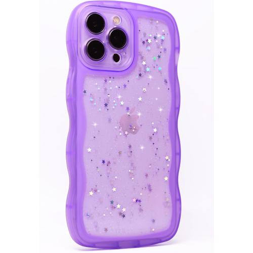 Qokey for iPhone 14 Pro Max Case 6.7, Curly Wave Design Transparent Bling Glitter Shiny Cute Clear Transparent Full Protection Soft TPU Shockproof Phone Cover(Purple)