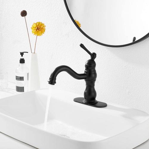 Matte Black Bathroom Faucet GGStudy 360° Swivel Bathroom Vanity Faucet Single Handle One Hole Black Bathroom Sink Faucet Basin Matching Pop Up Drain with Overflow