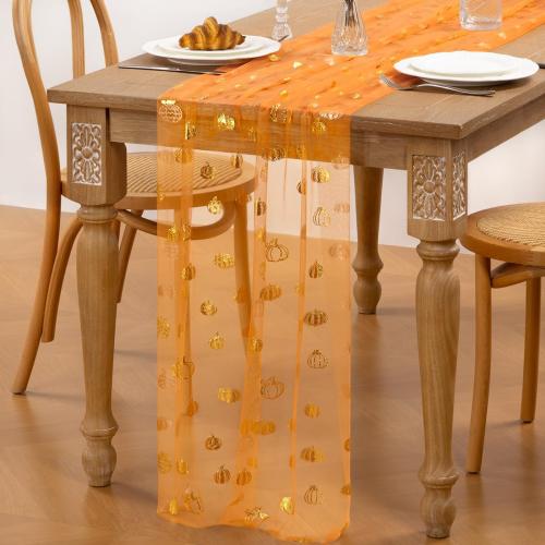 Pumpkin Gold Table Runner for Thanksgiving 3 Pack Sheer Gauze Cheesecloth 120 Inch with Glitter Harvest Feast Decor for Family Gatherings Dining Table Home Celebration - Orange