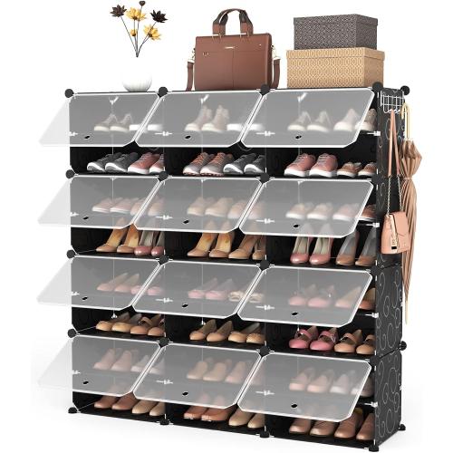 Portable 8-Tier Shoe Cabinet - 48-Pair Shoe Organizer with Expandable, Free Standing, Stackable Space Saving Design and 2 Exclusive Versatile Hooks for Bedroom