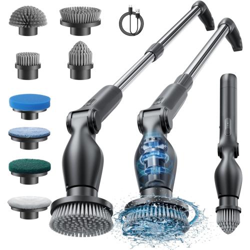 Leebein Electric Spin Scrubber, Cordless Cleaning Brush with 8 Replaceable Brush Heads, Adjustable Extension Handle, 2 Speeds & Remote Control, Power Scrubber for Cleaning Bathroom, Shower, Tub, Floor