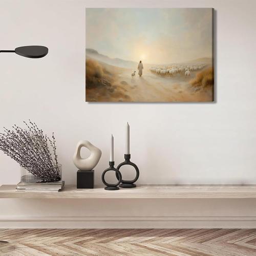 Jesus Leaves the 99 Wall Art Jesus Sheep pictures Wall Decor The Lost Lamb Poster Print Christian Landscape Painting Artwork for Gallery Church Home Decoration 24x16in Canvas