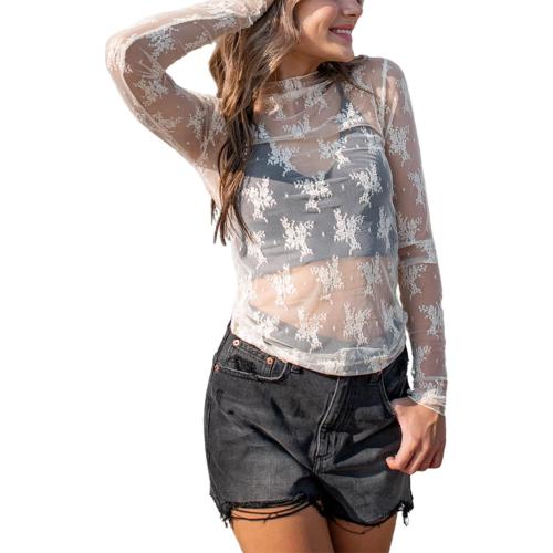 Women Sexy Lace Layering Tops Sheer Mesh Shirts Long Sleeve See Through Crop Top