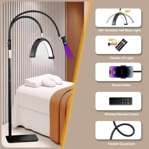 Half Moon Lash Light for Lash Tech, 3-in-1 Professional Esthetician Light with UV Lash Lamp & Phone Holder, Adjustable Height&Brightness for Tattoo,Nail Art,Skincare,Salon,Spa (Black)
