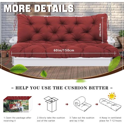 Porch Swing Cushions, Waterproof Outdoor Swing Cushions for Patio Furniture with Backresk, 2-3 Seater Thickened Patio Swing Replacement Cushion 60×40 (Wine Red)