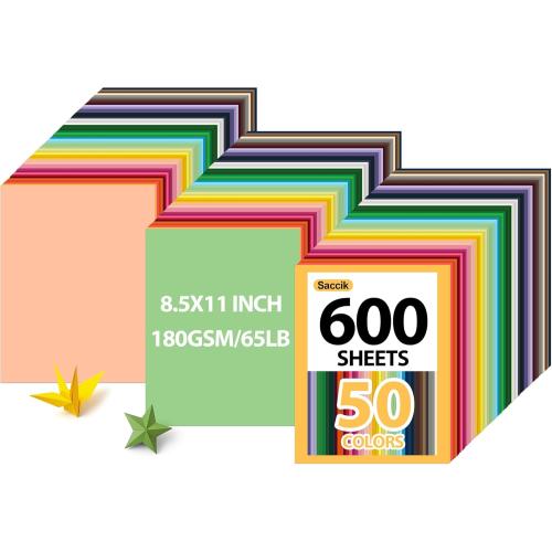600-Sheets Colored Cardstock for Crafts: 50 Assorted Colors, 8.5 x 11, 65lb/180gsm, Thick Colored Paper for Kids School Supplies, Crafts, for cri·cut Printing & Valentine’s Day Projects