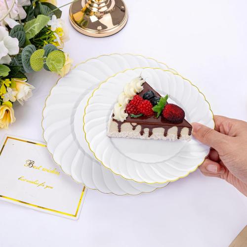 U-QE 100 Pieces Gold Plastic Plates - Premium White Plastic Plates for Party, Wedding and Daily Use Including 50PCS 9 '' Plastic Dinner Plates & 50PCS 6.5 '' Plastic Dessert Plates