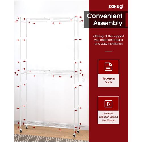 Sakugi Clothes Rack - 33.0 x 12.2 x 79.5 Clothing Rack with Shelves & Wheels, Multi-Functional Wardrobe Closet with Hooks, Sturdy Metal Garment Rack for Bedroom, Laundry, Balcony (White)