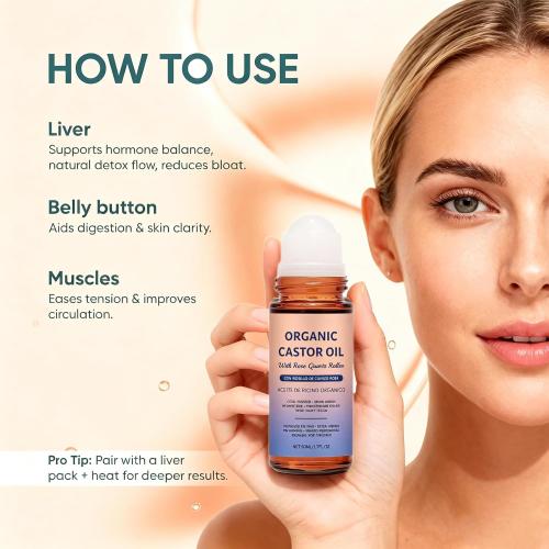 Organic Castor Oil with Rose Quartz Roller, 100% Pure Cold-Pressed, Organic Castor Oil Roll On Rose Quartz, Hexane-Free,Amber Glass Bottle for Skin 1.7oz (1 PCS)