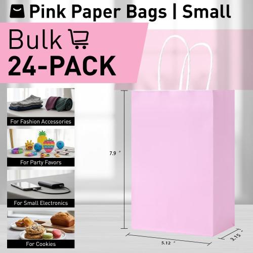 SUNCOLOR 24-Pack Pink Gift Bags with Handles – 8 Goodie Bags for Party Favor Bags, Baby Showers, Birthdays & Special Occasions (Pink)