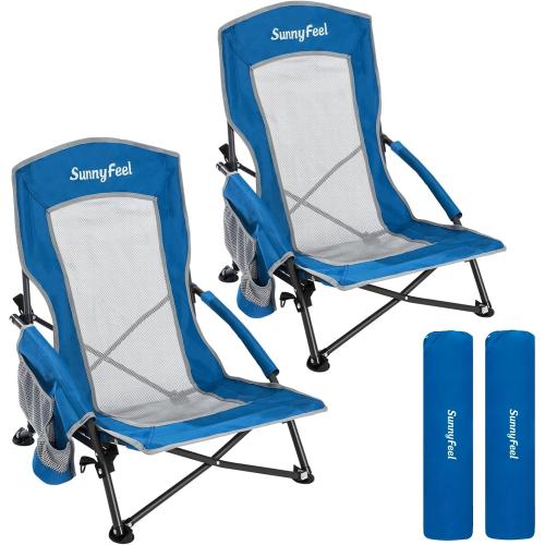 SUNNYFEEL Folding Low Beach Chair 2 Pack - Lightweight Portable Lawn Chair with Mesh Back & Cup Holder, Sand Chair Load up to 300lbs for Outdoor/Travel/Picnic/Concert