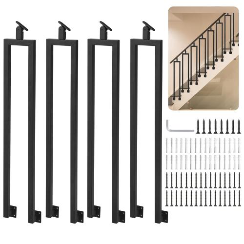 4 Pack U Shape 38.6 Stair Balusters with Adjustable Top Bracket for Staircase Interior, Side Mount Industrial Wrought Iron Balusters for Stair Handrail Porch Deck Railing Outdoor Steps