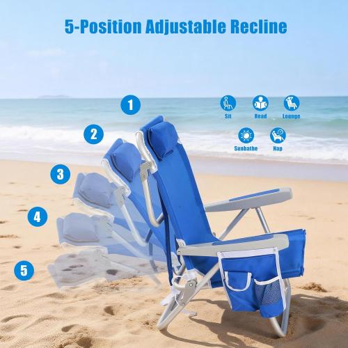 SUNNYFEEL Low Beach Chair, 5-Position Lay Flat Reclining Backpack Chair with Cooler Bag & Cup Holder, Portable Folding Beach Chair for Adults, Heavy Duty 350 LBS, Blue