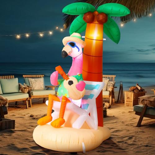 6 ft Inflatable Flamingo Beach Party Decor with Coconut Tree, Blow up Hawaiian Summer Tropical Pool Decoration for Outdoor Home Garden Luau Party (tested)