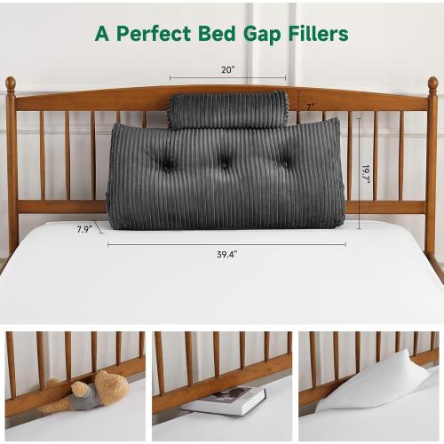 Grey Twin Size Z-hom Large Wedge Pillow Headboard, Twin Triangular Headboard Pillow, Reading Pillow Standard Bed with a Roll Pillow for Bed Sitting Up Sleeping, Backrest Cushion Headboard Gap Pillow for Back, Grey
