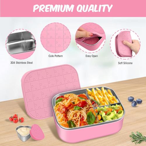 Pink 2pc Set Small Stainless Steel Bento Lunch Box - Reusable Divided Metal Snack Bento Box 3-Compartment Food Meal Prep Storage Lunch Containers Leakproof with Dip Container,Dishwasher,Freezer Safe, BPA-Free