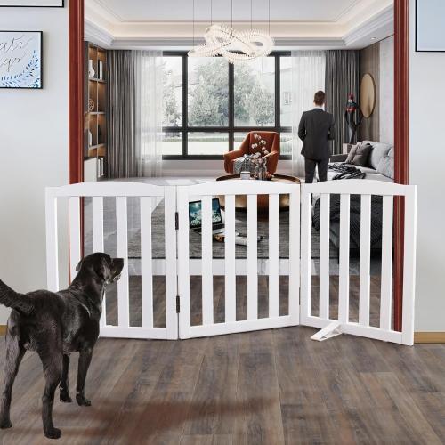 WHITE ZJSF Foldable Freestanding Indoor Dog Gate for House Wood White Long Pet Gates Dog Fence for Stairs Puppy Gates for Hallways,Pet Fence, Puppy Gate,Support Feet Included 24 Height-3 Panels