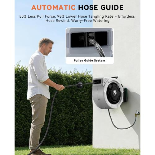 SUNPOW Retractable Garden Hose Reel - 1/2 x 100ft Wall Mounted Hose Reel with 3/4'' Brass Fitting & 10-Pattern Nozzle - Auto Slow Retraction, Any-Length Lock, 180°Swivel for Lawn & Gardening