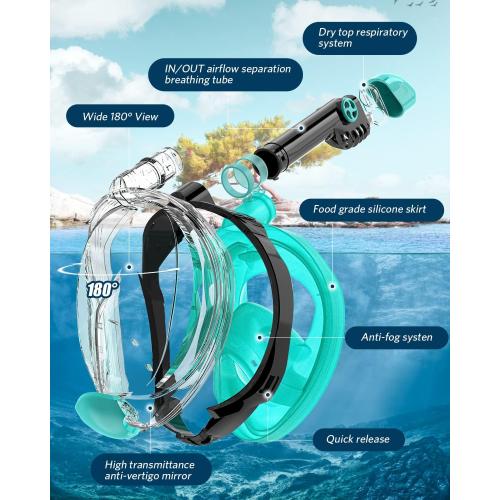 QingSong Full Face Snorkel Mask for Adults, Snorkeling Gear with Camera Mount, 180 Degree Panoramic View Snorkel Set Anti-Fog Anti-Leak