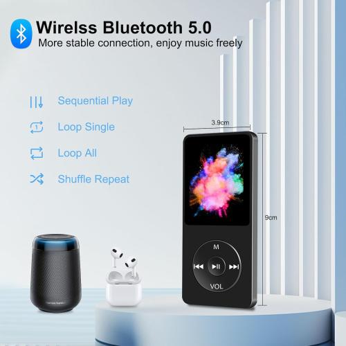 MP3 Player with Bluetooth 5.0, 1.8 inch Screen Portable Music Player with HD Speaker, HiFi Music Supports FM Radio, Voice Recorder, Supports Expanded Up to 128GB(Black, 32GB)