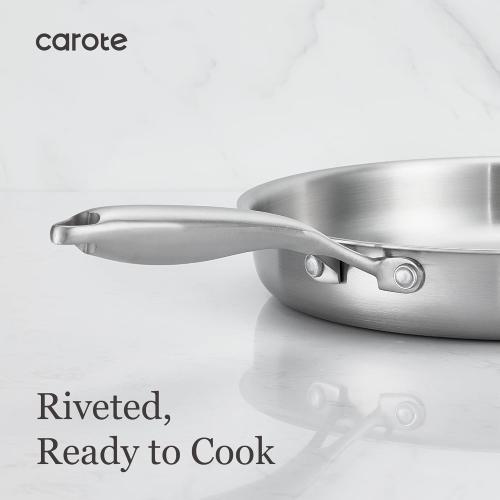 CAROTE 7-Piece Tri-Ply Stainless Steel Frying Pan Set, Skillet Set 8/10/12, Induction Compatible, Oven & Dishwasher Safe, bronze Handle ?❗ no lid
