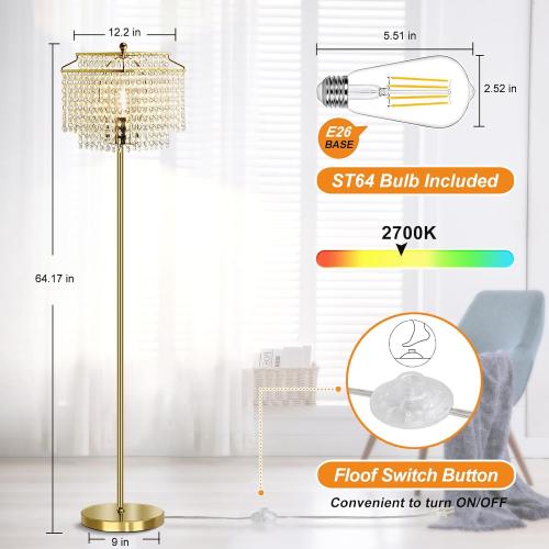 Luvkczc Gold Crystal Floor Lamp, 64 Tall Elegant Standing Lamp with On-Off Foot Switch, Double-Layer Lampshade, Standing Floor Lamps for Living Room, Bedroom, Office, 8W LED Bulb Included