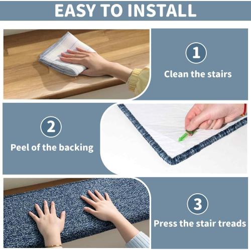 Bullnose Carpet Stair Treads, Non Slip Stair Treads for Wooden Steps Indoor, Stair Runner, Soft Stair Rugs for Pets, Edging Stair Protectors, Washable, 29.5x9.5x1.5 14pcs, Blue