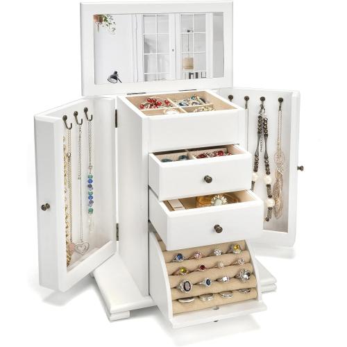White Jewelry Box for Women, Rustic Wooden Jewelry Boxes & Organizers with Mirror, 4 Layer Jewelry Organizer Box Display for Rings Earrings Necklaces Bracelets (Weathered White)