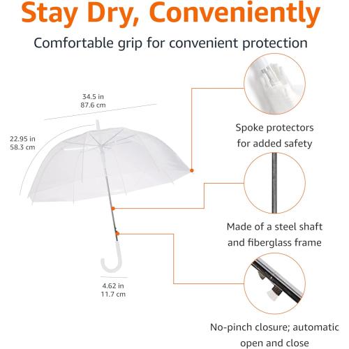 Clear Umbrella for Rain, Round Bubble Umbrella for Wedding, With Wide Coverage , Auto Open, Strong Fiberglass Frame, Steel Shaft, Spoke Protectors for Safety